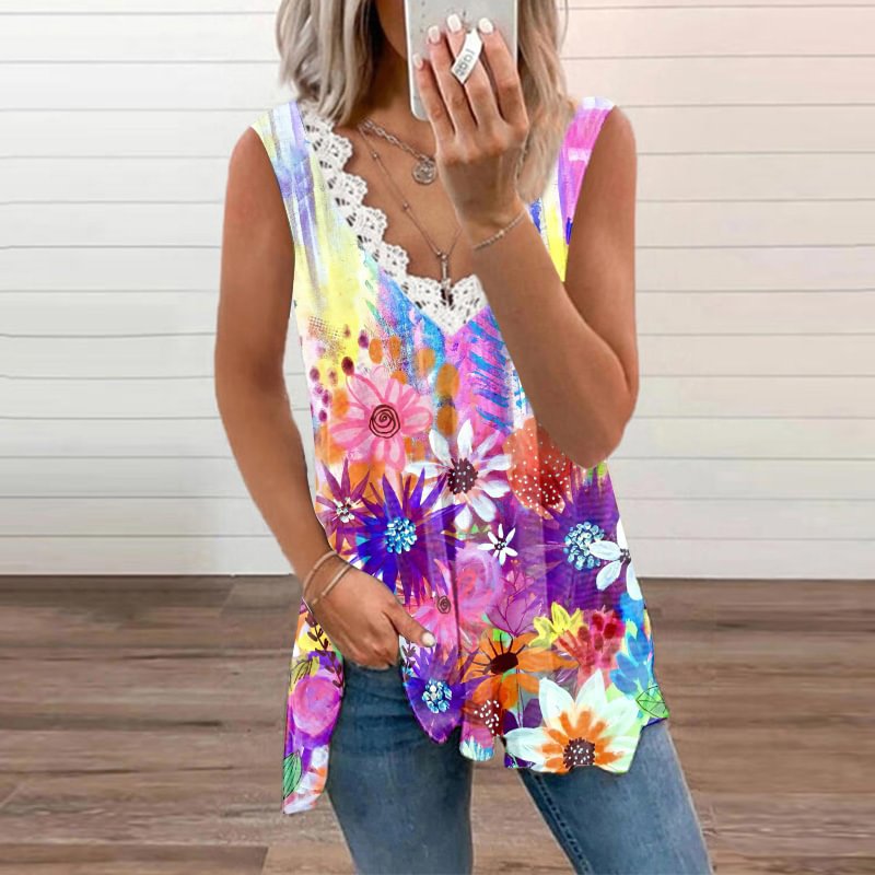 Color Floral Lace V-neck Sleeveless Vest
