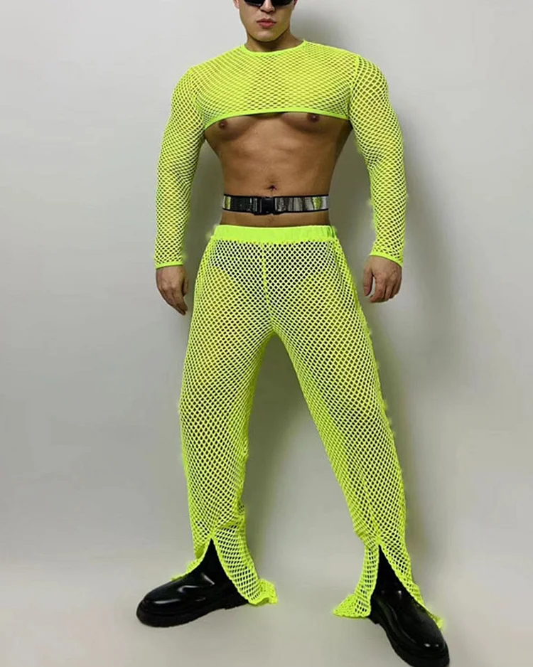 Dance Costume Dancer Club Party Show Rave Outfit Stage Black Fluorescent Green Mesh Plaid Set 