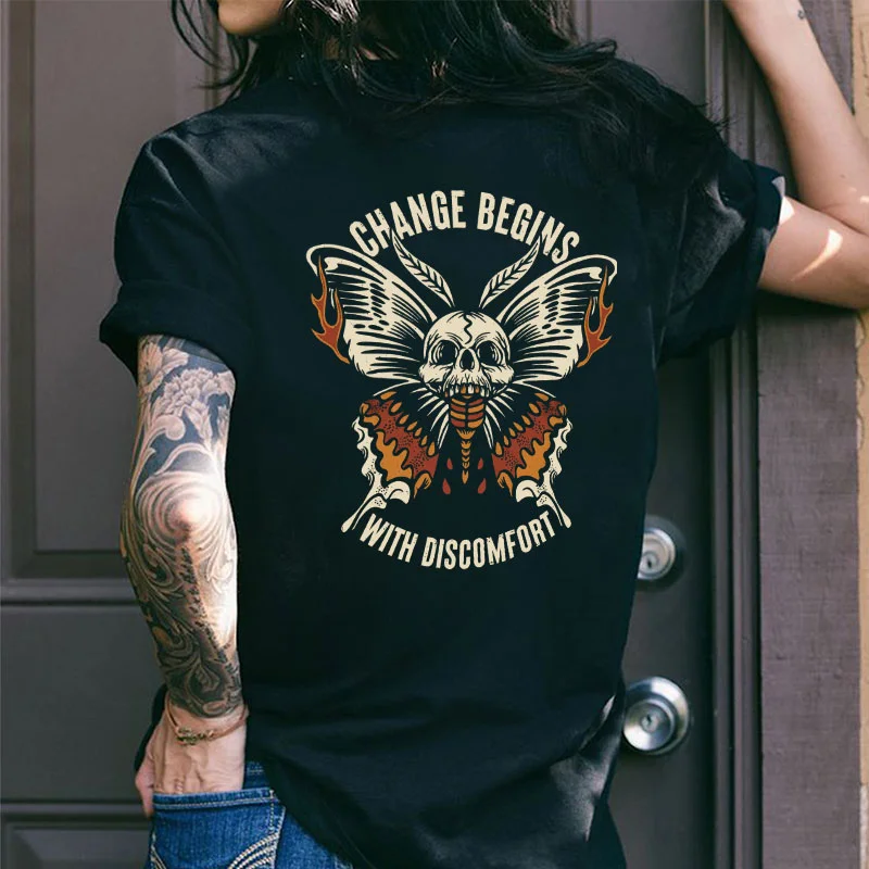 CHANGE BEGINS WITH DISCOMFORT Black Print Loose-fit T-shirt