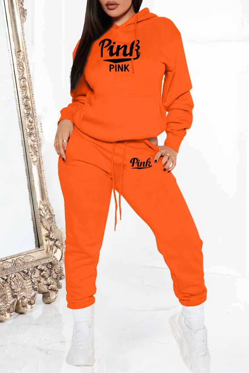 Street Print Letter Hooded Collar Long Sleeve Two Pieces