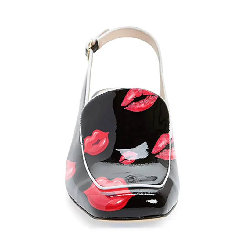 Black Kiss Print Square Toe Slingback Chunky Heeled Loafers