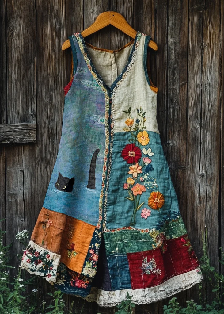 Vintage Black Cat And Floral Patchwork Linen Tank Dress