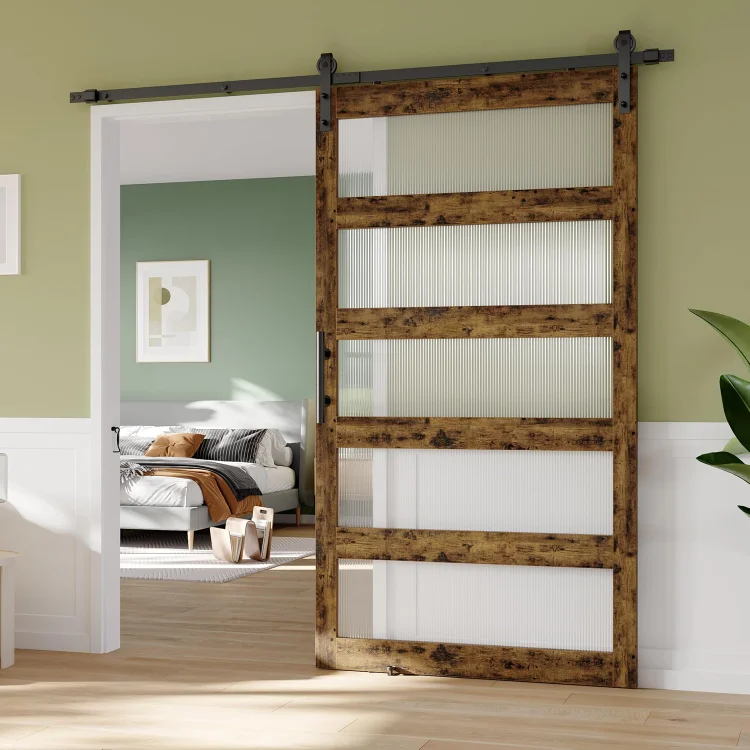 Bestier 48in x 84in Farmhouse Glass Barn Door with 8ft Hardware Kit & Handles, MDF Barn Door Covered with Water-Proof & Scratch-Resistant PVC Surface,Easy Assembly, 5-Panel, Rustic Brown Rustic Brown