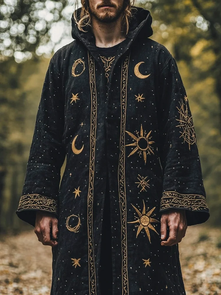 Nordic Mythology Sun, Moon And Stars Embroidered Men's Linen Hooded Jacket