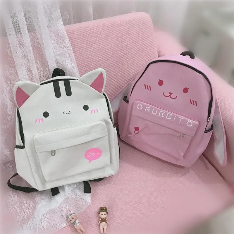 White/Pink Kawaii Kitty/Bunny Canvas Backpack SP1812089