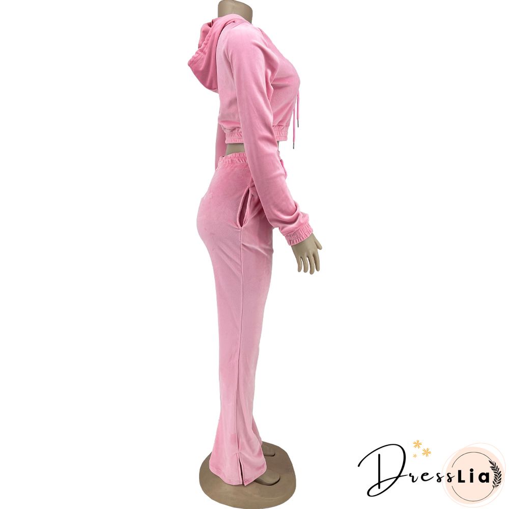 Zipper Hooded Jacket Flare Pants Velvet Two Piece Set