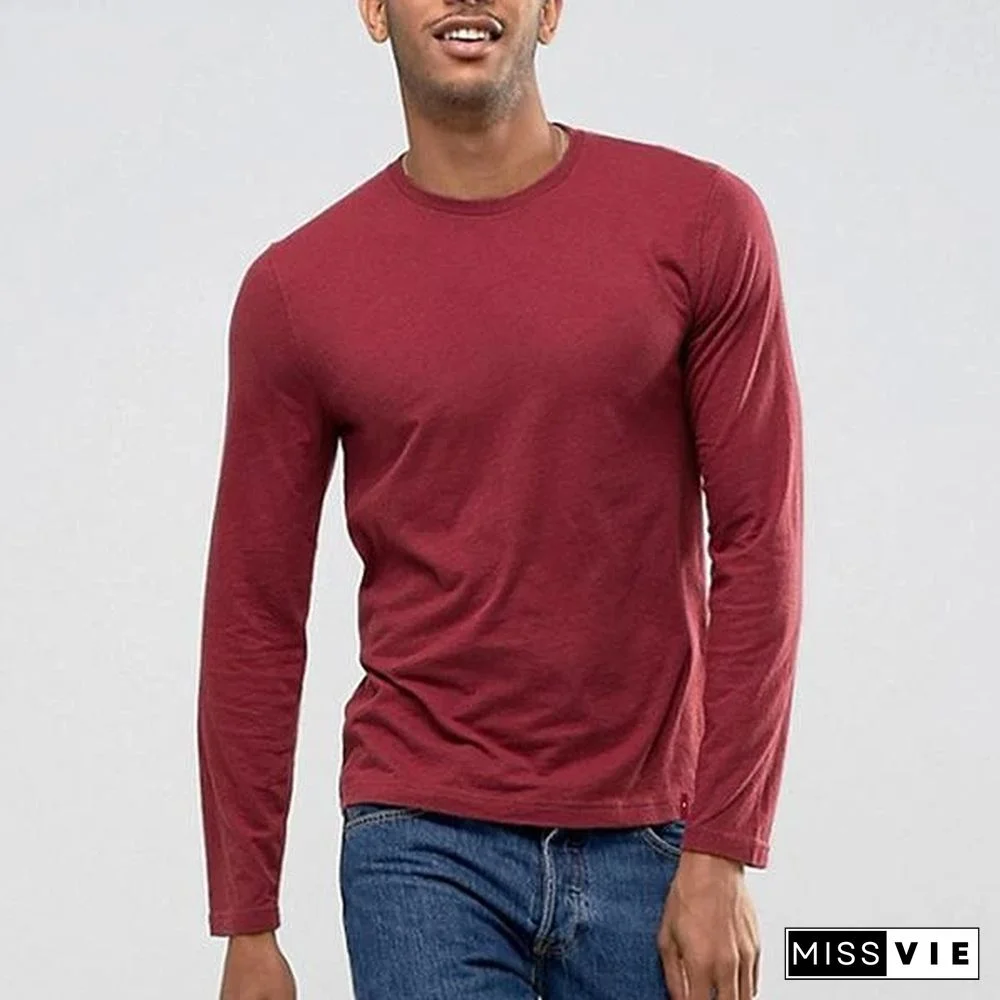 Autumn Men's Round Collar Pure Color T-Shirt