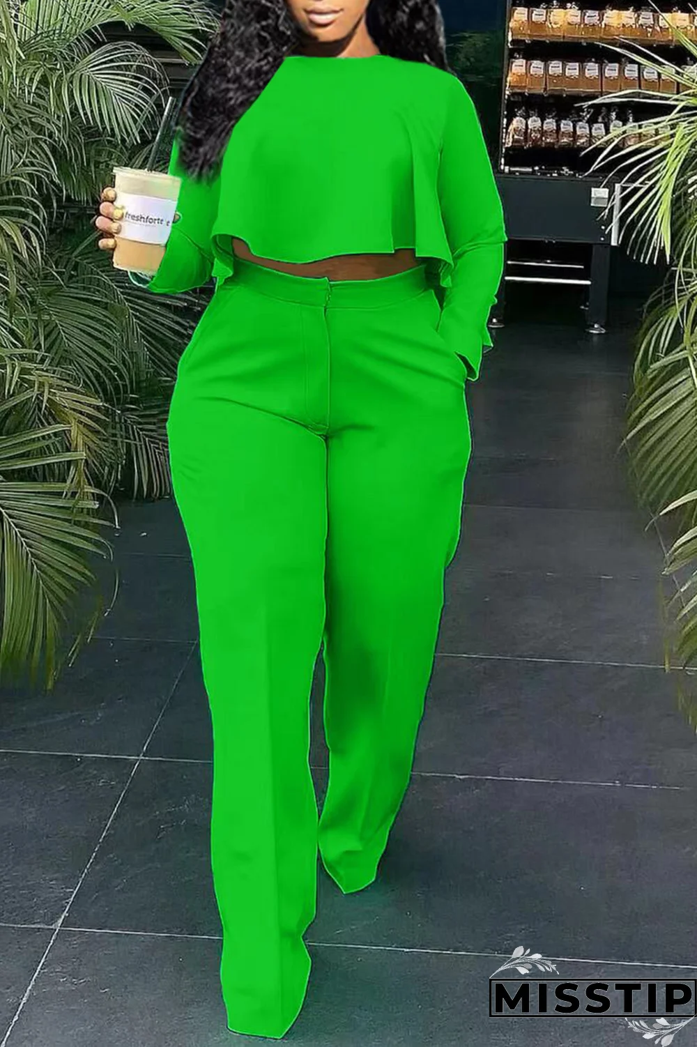 Green Casual Solid Flounce O Neck Long Sleeve Two Pieces