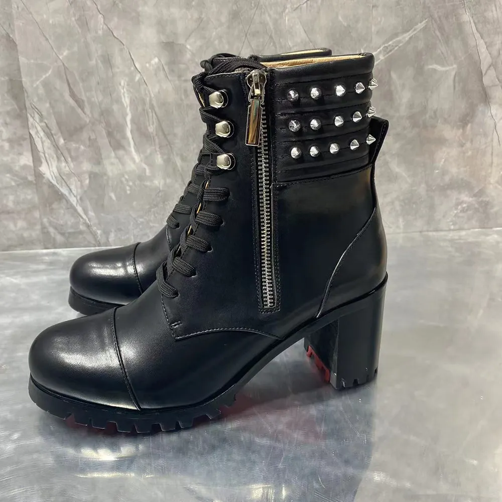 70mm/2.76 inch Women's Zipper Mid-Calf Boots Round Toe Rivet Chunky Heel Red Bottom Boots-vocosishoes