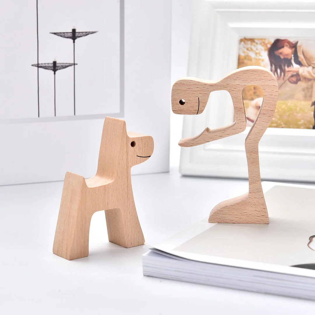 Handmade Wood Dog Decor Sculptures Craft Creative Figurine Ornement Decoration For Bedroom Home Office Decor Gift Natural