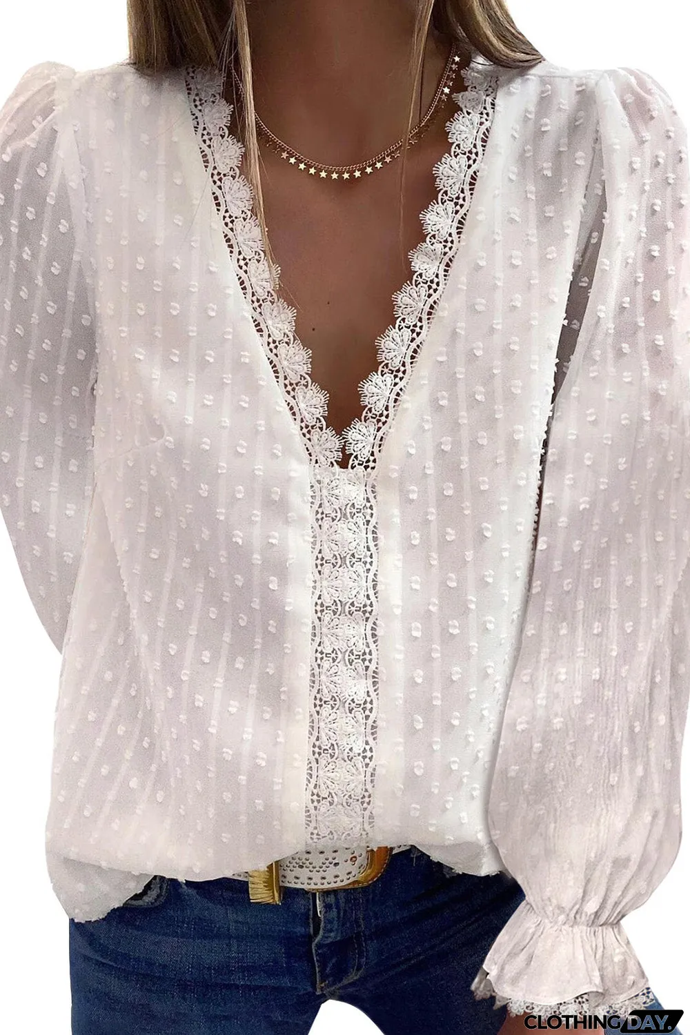 Elegant V-Neck Swiss Dot Lace Blouse
