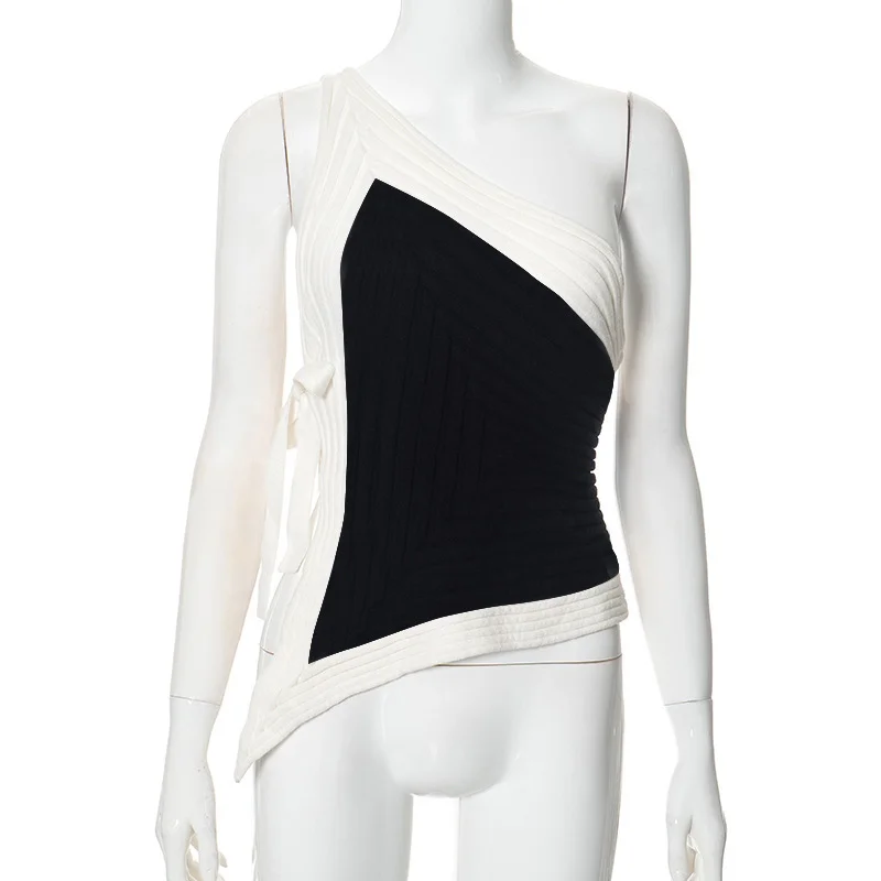 Brownm Brownm Summer New Design Feeling Black And White Crash Color Sexy Hanging Neck Strap Slant Shoulder Vest Top