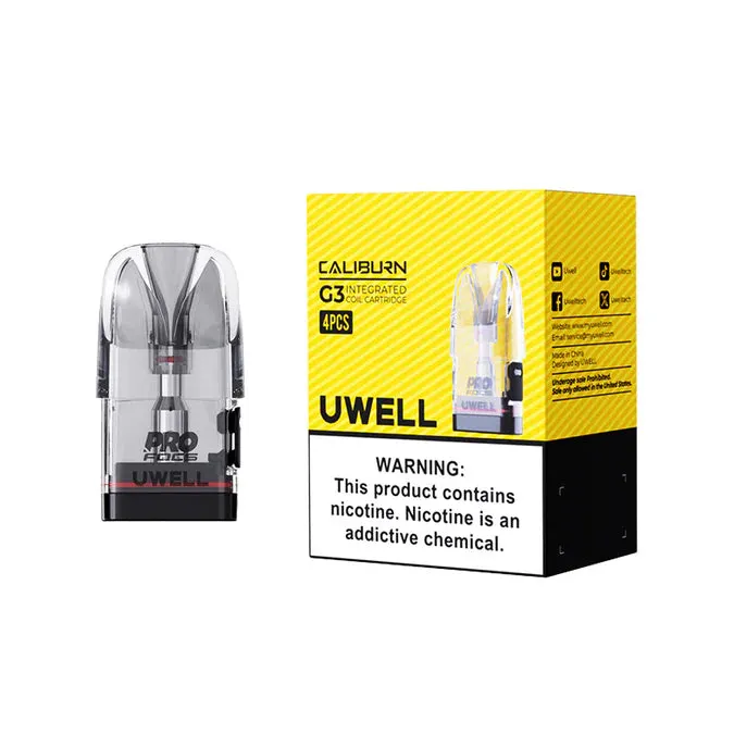 Uwell Caliburn G3 3ml replacement pods, 4 count pack with warning.