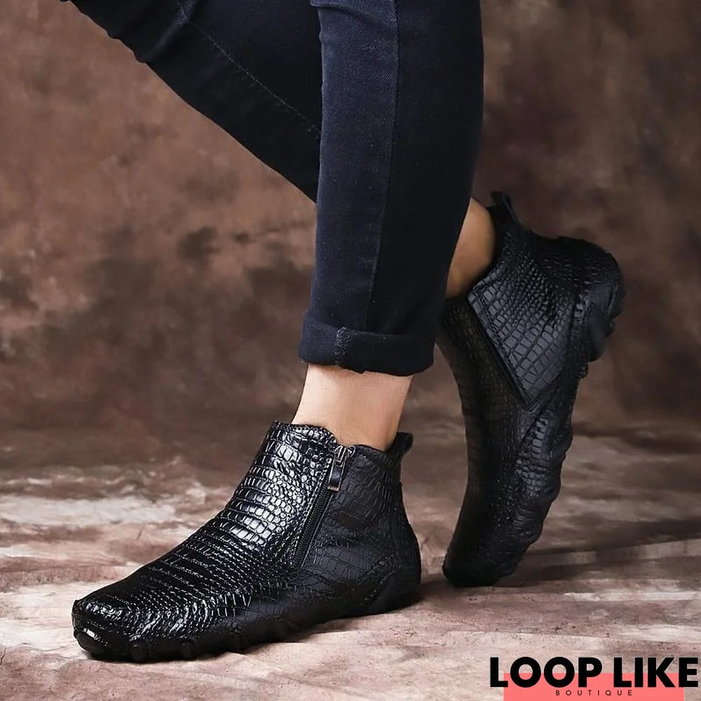 Men's Genuine Leather Flats Boots Zipper Ankle Shoes