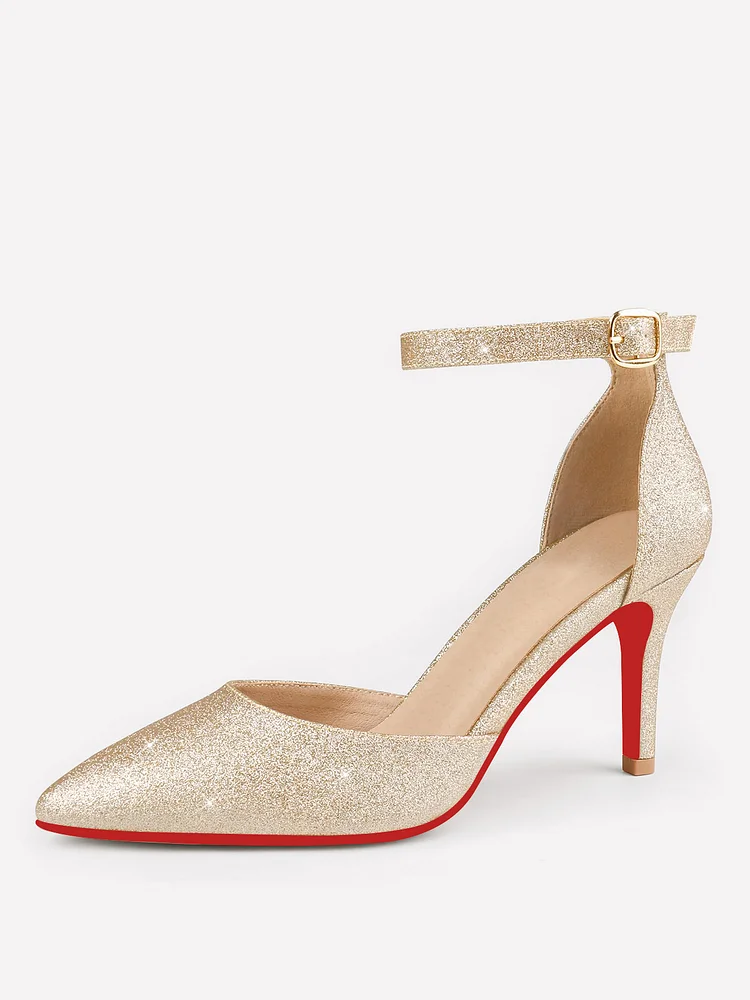 80mm Women's Closed Toe Heels Pumps for Women Stiletto Pointed Toe Ankle Strap Heels Red Bottoms Shoes