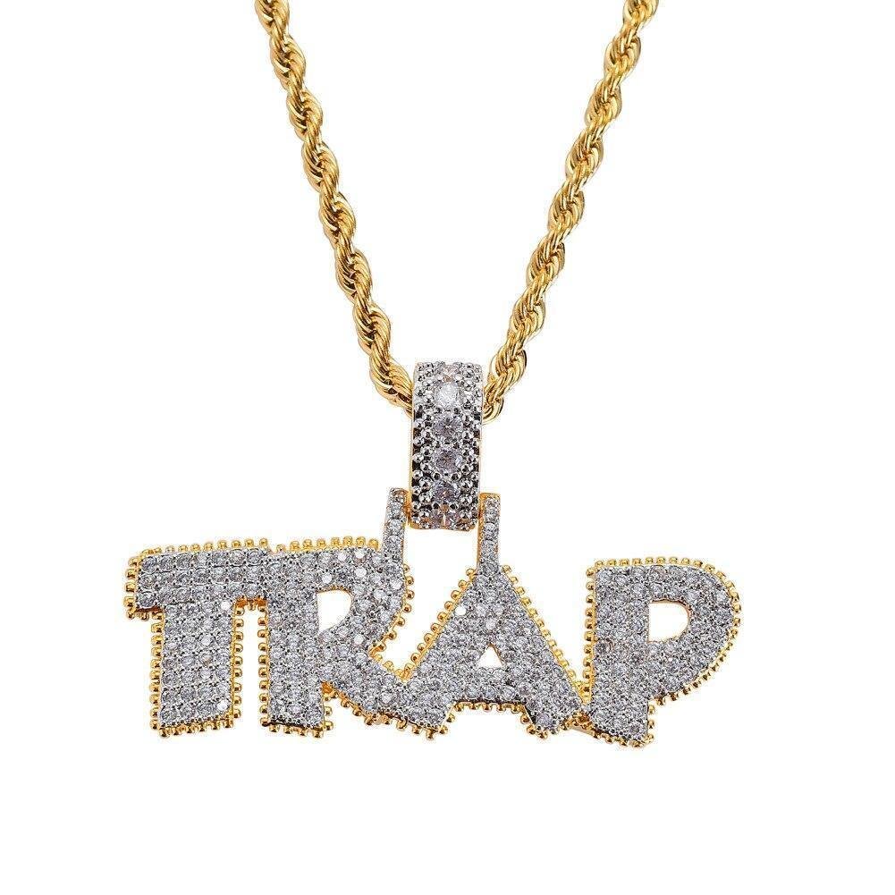Iced Out Chain 18K Plated Bling CZ Simulated Letters TRAP Pendant-VESSFUL