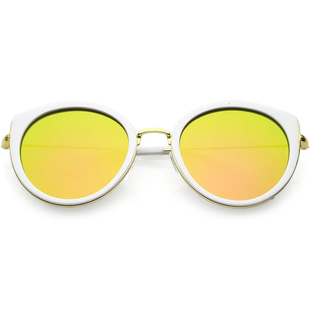 Modern Cat Eye glasses Metal Trim Round Colored Mirror Flat Lens 53mm