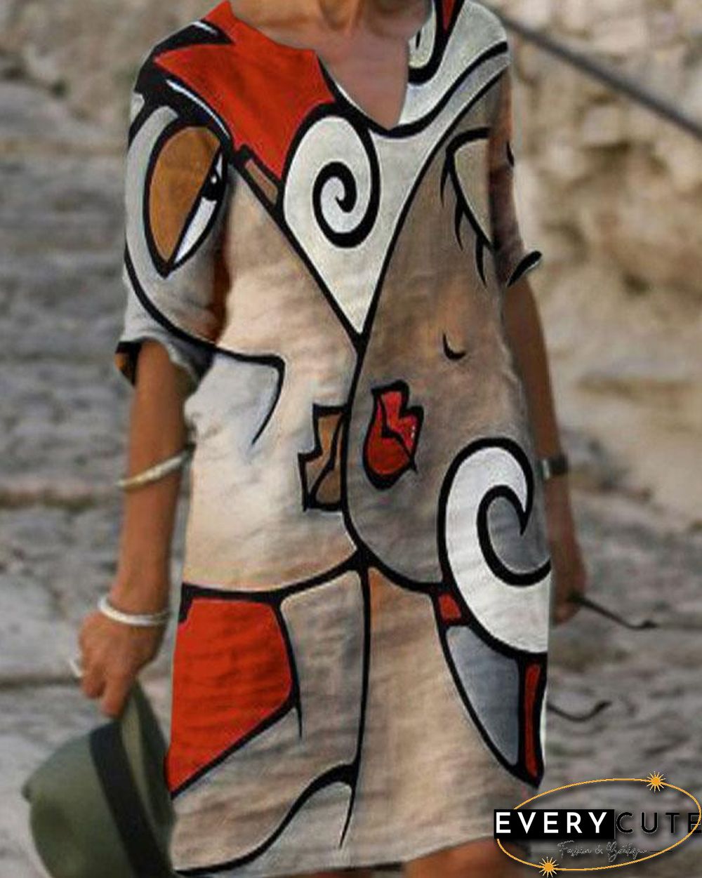 Ladies V-neck Printed Casual Shift Dress