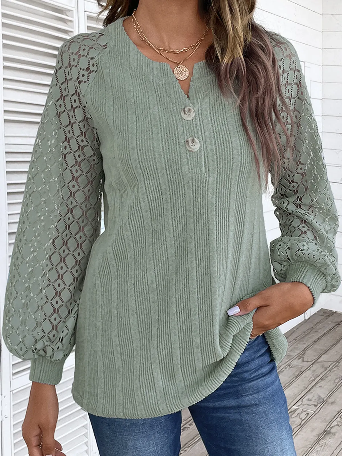 Women's Long Sleeve V-neck Solid Color Lace Top