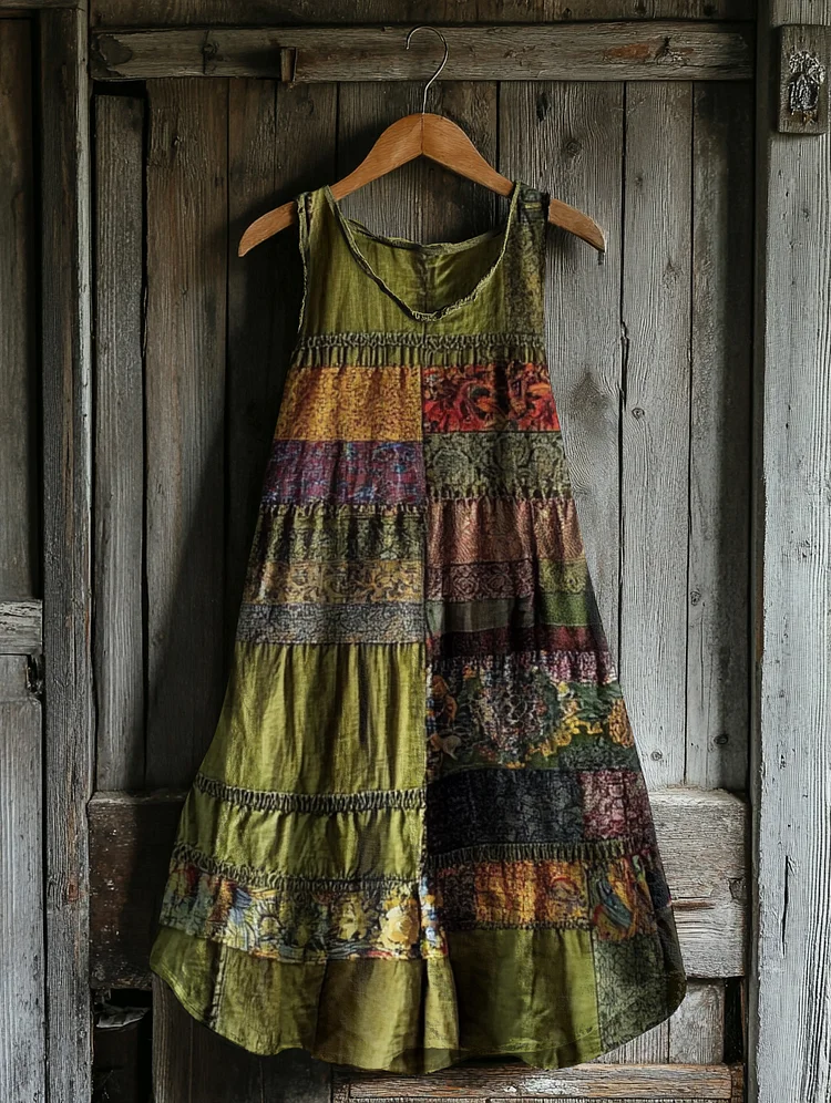 Women's Vintage Bohemian Floral Patch Sleeveless Dress