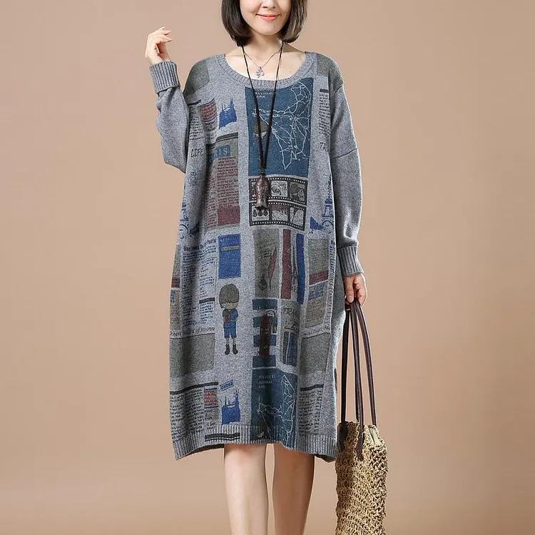 Gray newspaper print winter dresses plus size sweaters
