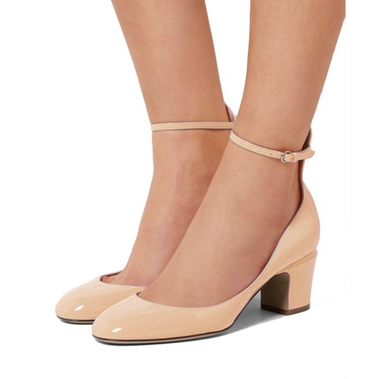 Nude Ankle Strap Heels Round Toe Chunky Heel Pumps for Ladies|FSJshoes