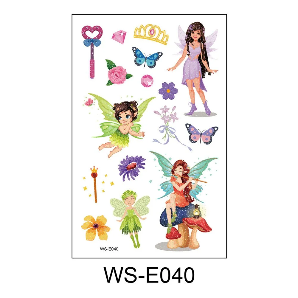10 Kinds Glitter Powder Fairy Tattoos Butterfly Rainbow Castle Flowers Temporary Body Stickers Disposable Children Party Makeup