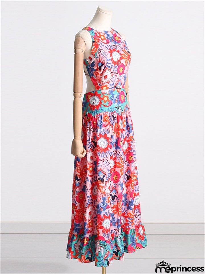 Women's Crew Neck Back Lace-up Floral Bohemian Dress