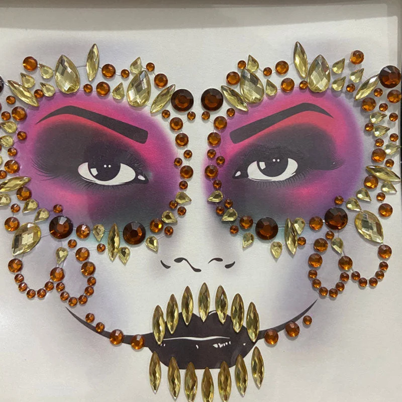 3D Gem Face Sticker Ghost Skull Face with Diamond Decoration Fashion Sexy Face Stickers Prom Holiday Party Face Decoration