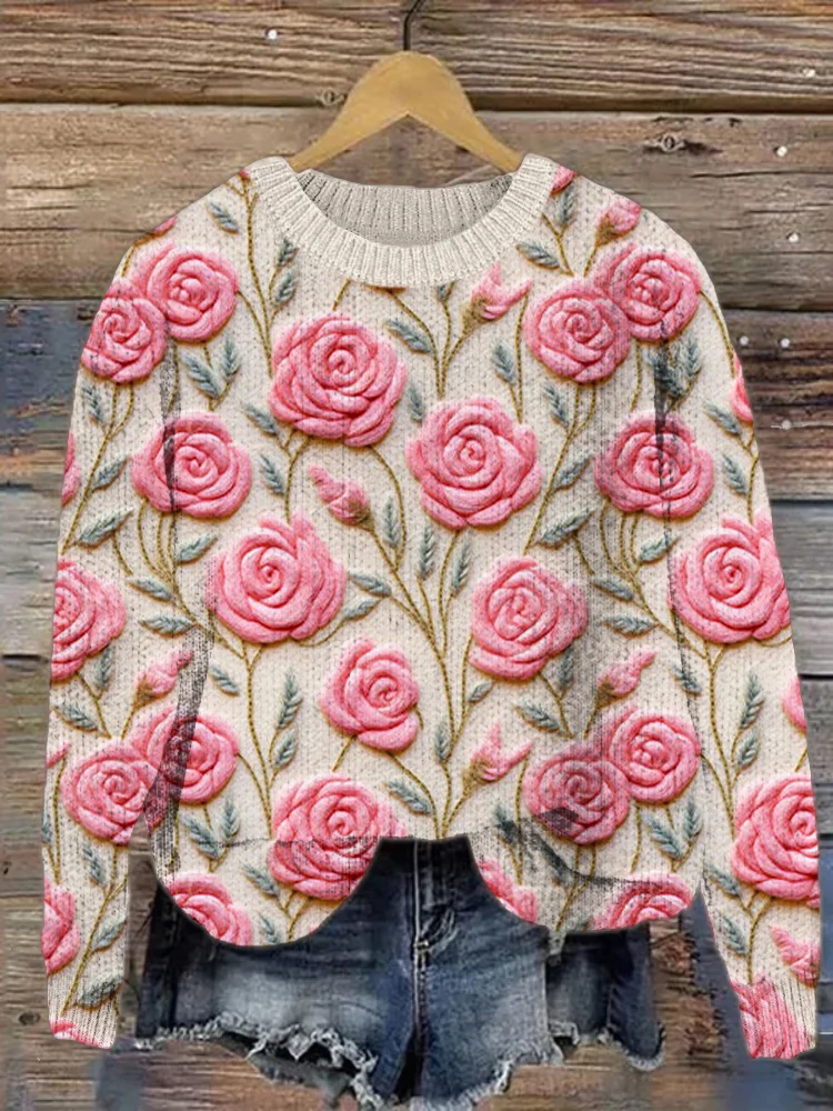 Utbros Pink Rose Felt Pattern Cozy Knit Sweater