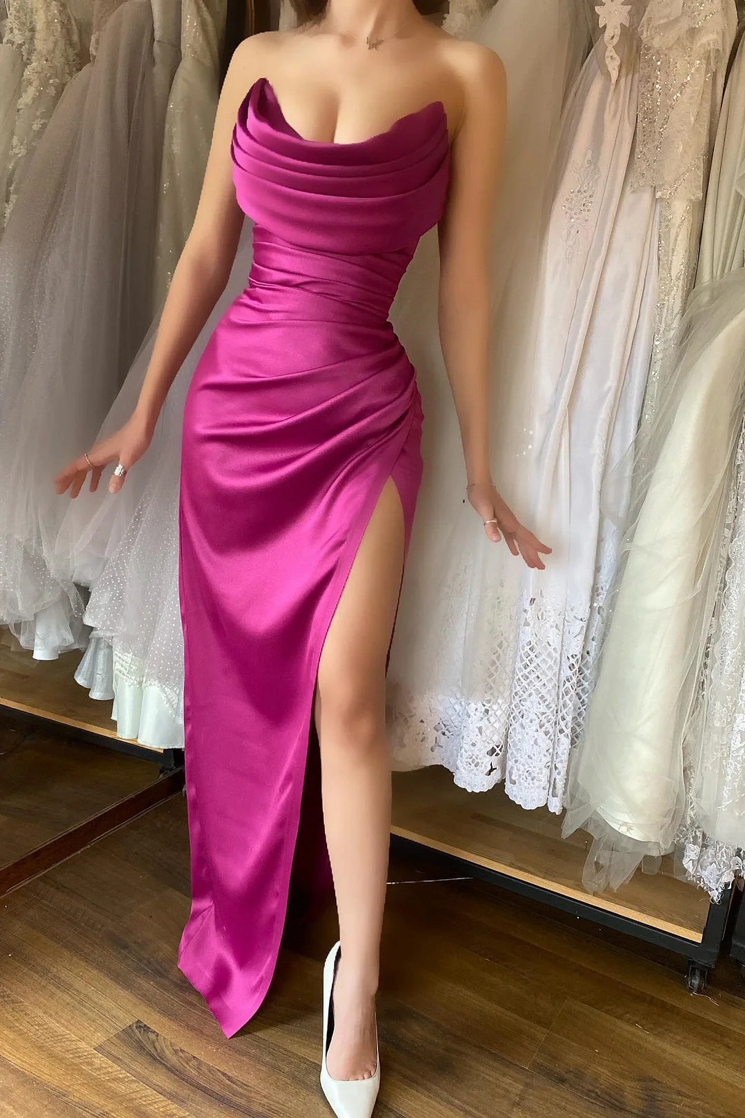Bellasprom Fuchsia Sweetheart Sleeveless Mermaid Prom Dress Pleats With Split