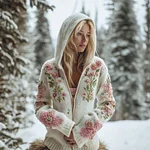 Bohemian Style Plant Flower Embroidery Women's Knitted Hooded Sweater Coat - Image 2