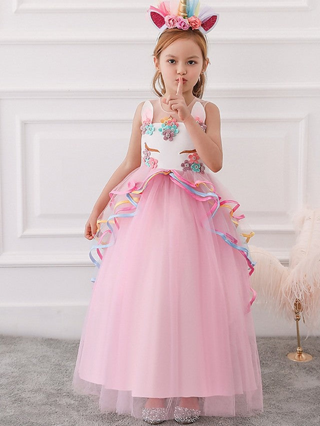 Oknass Ball Gown Sleeveless Illusion Neck Flower Girl Dresses Tulle With Appliques Cascading Ruffles