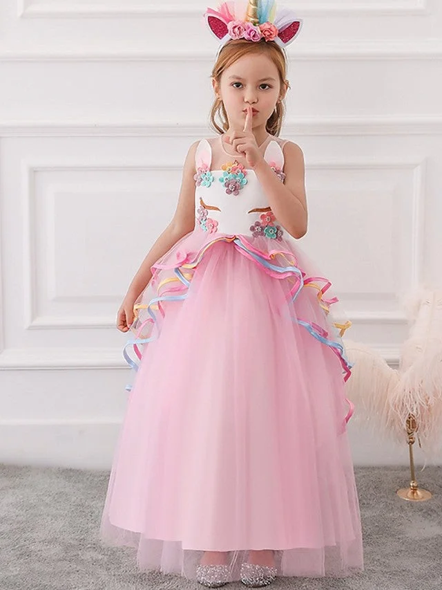 Hellodresses Ball Gown Sleeveless Illusion Neck Flower Girl Dresses Tulle With Appliques Cascading Ruffles
