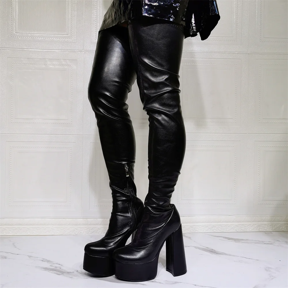 Women's Fashion Round Toe Platform Chunky Elastic Over The Knee Thigh Boots Novameme