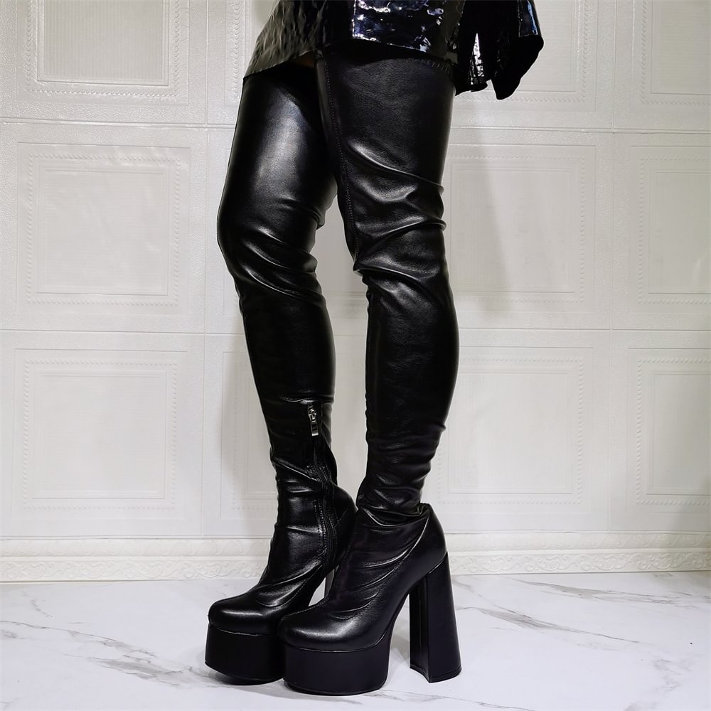 Women's Fashion Round Toe Platform Chunky Elastic Over The Knee Thigh Boots Novameme