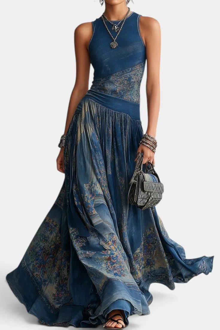 Artistic Sleeveless Maxi Dress with High Neckline