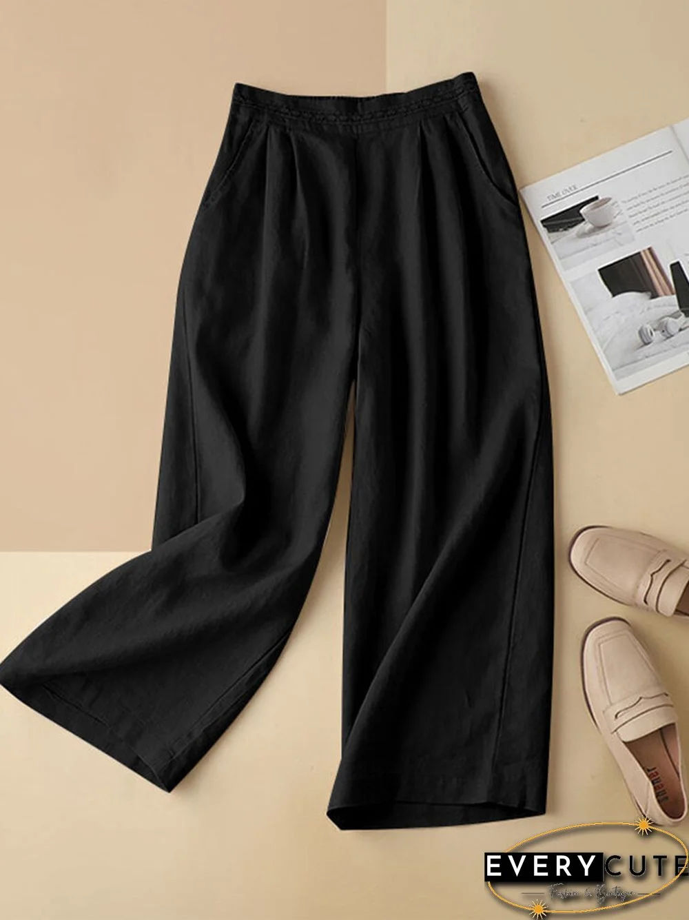 Lace Panel Waist Solid Pocket Casual Wide Leg Pants