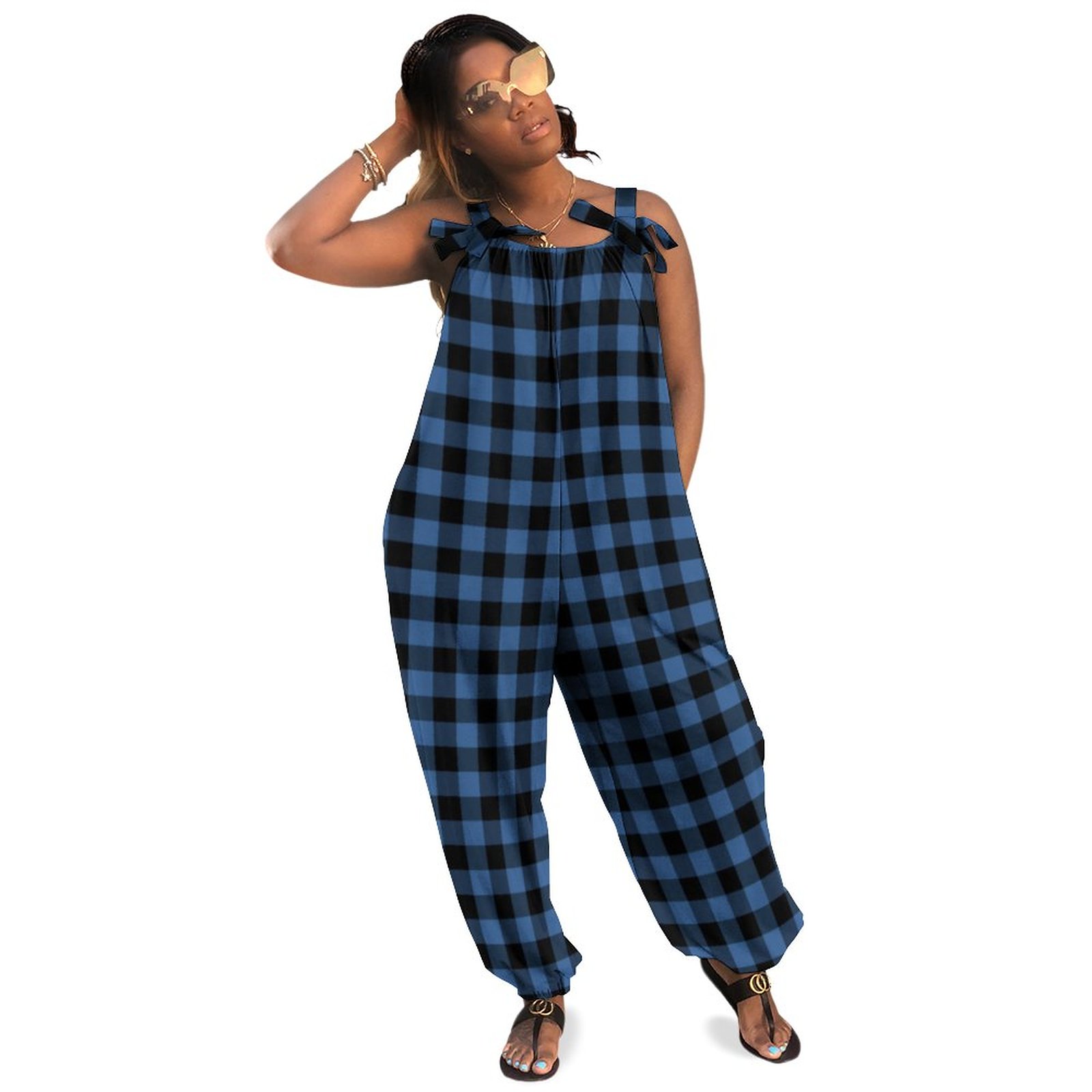 Blue Black Checked Buffalo Plaid Pattern Boho Vintage Loose Overall Corset Jumpsuit Without Top