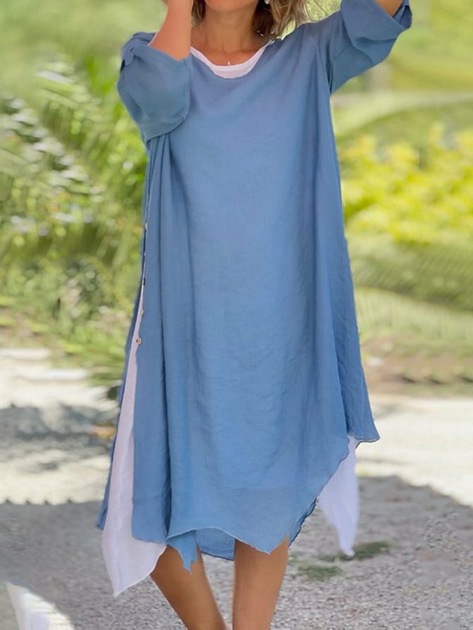 Women's Fashionable Casual Round Neck Long Sleeve Fake Two Piece Asymmetric Design Dress