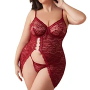Lovingerie - Large Size Sexy Lace Transparent Set with Suspender Slit Style Lingerie Two Piece Set