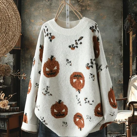 Pumpkin Halloween Print Casual Knitted Pullover Sweater