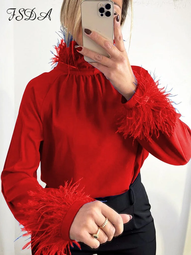 2022 Autumn Winter Feather Long Sleeve Blouse Shirt Women Green Elegant Office Lady Top Shirts Casual Fashion Black