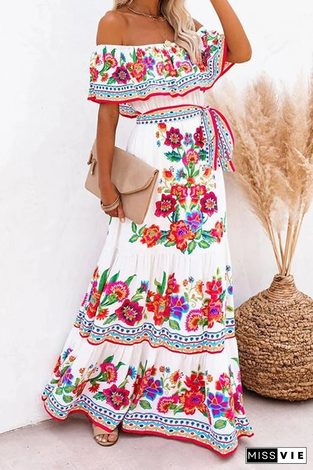 Gradient Off Shoulder Belted Maxi Dress