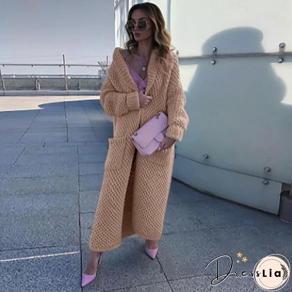 Winter Lapel Knitted Solid Color Long Oversize Sweater