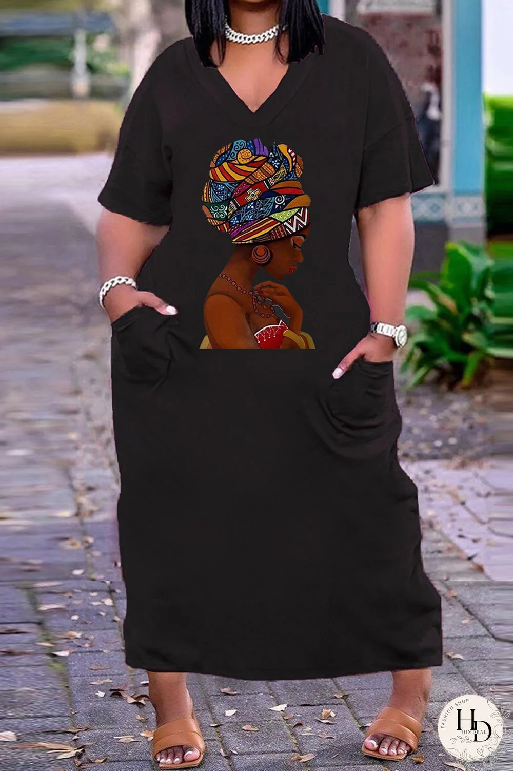 Rose Brown Fashion Casual Plus Size Print Basic V Neck Short Sleeve Dress