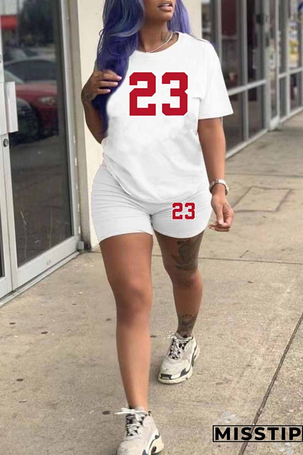 White Casual Print O Neck Short Sleeve Two Pieces