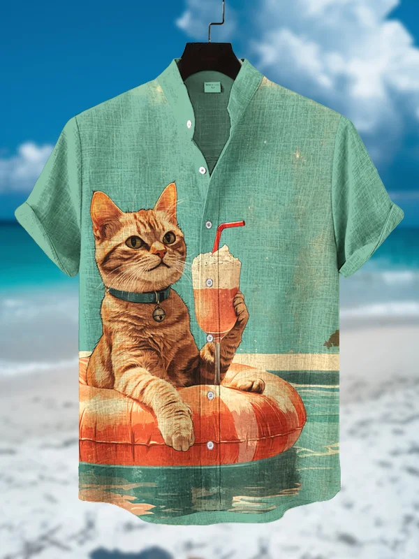Men's Cat Relaxing With A Drink At The Pool Print Short Sleeve Shirt