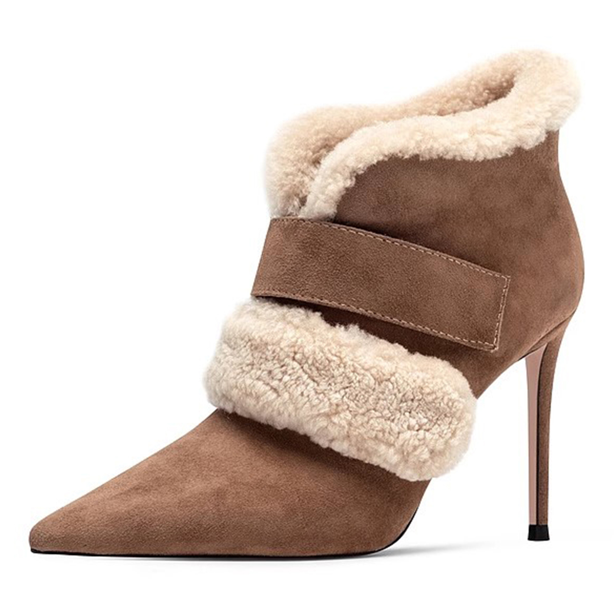 Brown & Beige Faux Fur Pointed Toe Stiletto Heeled Ankle Boots Nicepairs