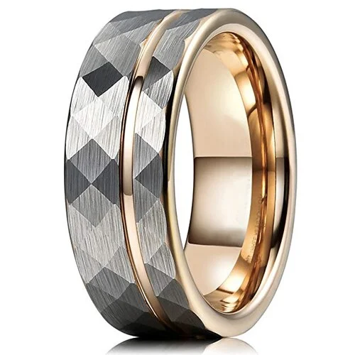 8MM Women's or Men's Tungsten Carbide Wedding Rings Hammered Brushed Silver Tungsten Carbide with Rose Gold Interior and Stripe Design